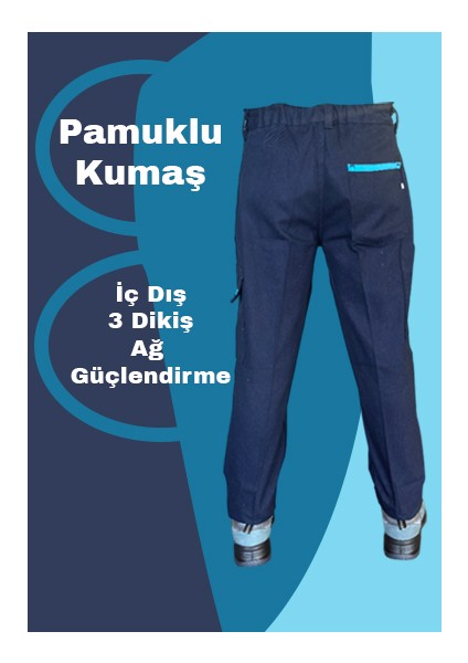 7/7 Gabardin Kışlık Işçi Pantolonu Tek Reflektörlü Mavi Biyeli Kalın Iş Pantolonu