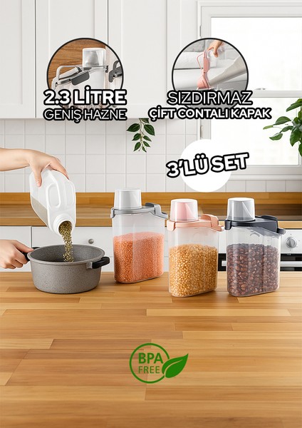 2300ML 3'lü Kırılmaz Erzak Saklama Kabı Seti Sızdırmaz Çift Contalı Geniş Hazne Ölçekli Kapak