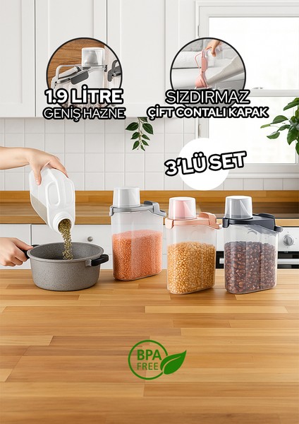 1900ML 3'lü Kırılmaz Erzak Saklama Kabı Seti Sızdırmaz Çift Contalı Geniş Hazne Ölçekli Kapak