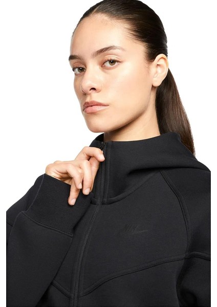 Sportswear Tech Fleece Full Zip Hoodie Dark Heather Black Kadın Kapüşonlu Sweatshirt Siyah