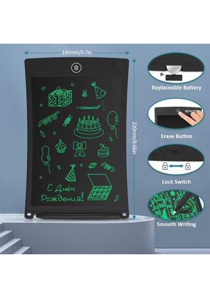 8,5 Inç LCD Yazma Tableti Ikili Kilit Fonksiyonlu Set Ofis Beyaz Tahta Bülten Tahtası Mutfak Not Bildirimi Buzdolabı Panosu Manyetik Günlük, Siyah1 (Yurt Dışından)
