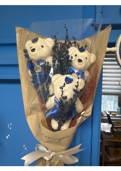 3 Ayıcıklı Büyük Buket Kuru Yapay Çiçek