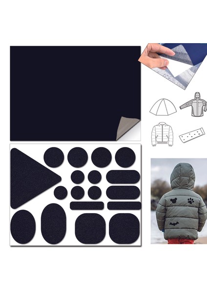 Yapışkanlı Polyester Kumaş Mont Çadır Şemsiye Tamir Yaması 19 Adet Siyah