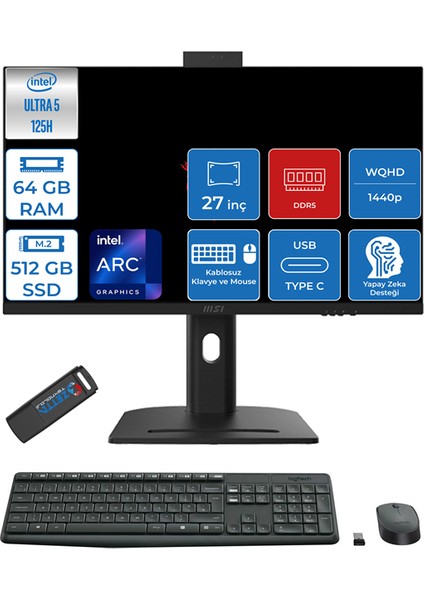 Msı Modern Aı Intel Core Ultra 5 125H 64GB Ddr5 512GB SSD Intel® Arc™ Graphics WIN11HOME 27" 2k Wqhd Taşınabilir Bilgisayar AM273QPH17 + Zettausbbellek