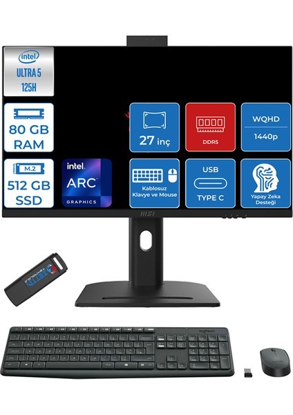 Msı Modern Aı Intel Core Ultra 5 125H 80GB Ddr5 512GB SSD Intel® Arc™ Graphics WIN11HOME 27" 2k Wqhd Taşınabilir Bilgisayar AM273QPH21 + Zettausbbellek