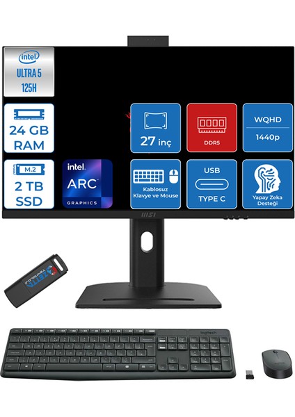 Msı Modern Aı Intel Core Ultra 5 125H 24GB Ddr5 2tb SSD Intel® Arc™ Graphics Freedos 27" 2k Wqhd Taşınabilir Bilgisayar AM273QPF07 + Zettausbbellek