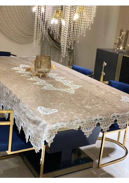 Masa Örtüsü Cappucino Renk Fransiz Dantelli 160/240 cm Masa Örtüsü