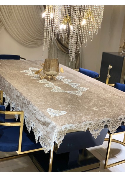 Masa Örtüsü Cappucino Renk Fransiz Dantelli 160/240 cm Masa Örtüsü
