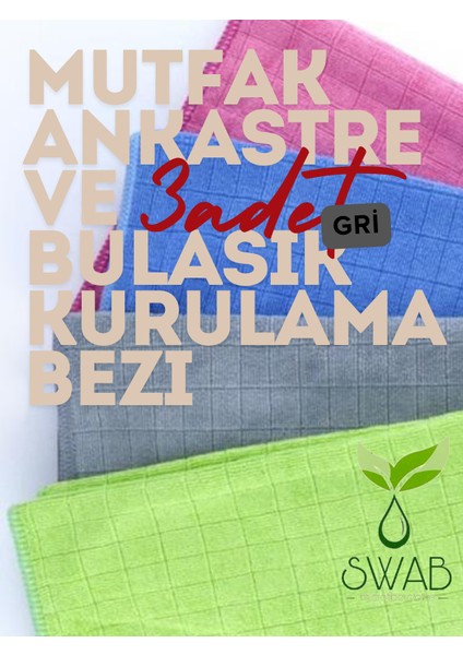 (3 Adet Gri) Mikrofiber Kareli Mutfak Ankastre ve Mobilya Temizlik Bezi 40*40