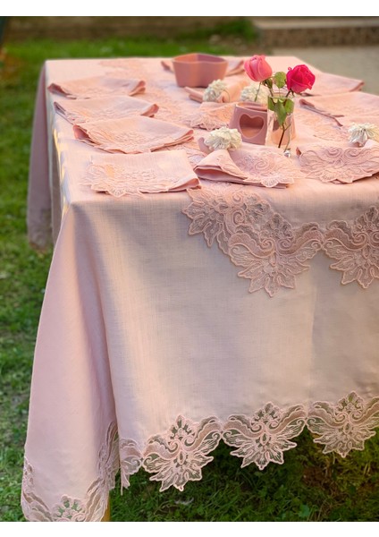 Masa Örtüsü Pembe Fransiz Dantelli 160/220 cm Masa Örtüsü 8 Pecete