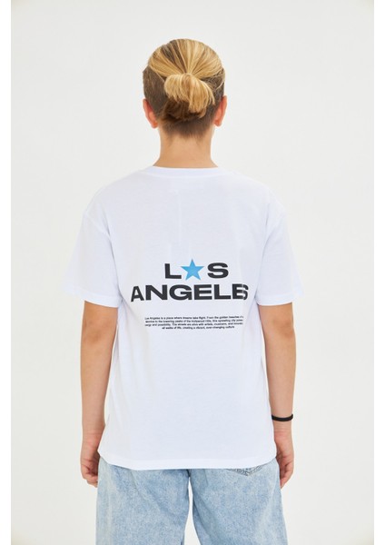 Los Angeles Baskılı %100 Pamuk Oversize Beyaz Unisex Çocuk Tişört