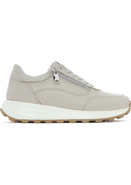 Kadın Bej Bağcıklı Yandan Fermuarlı Deri Sneaker 25SFD372118