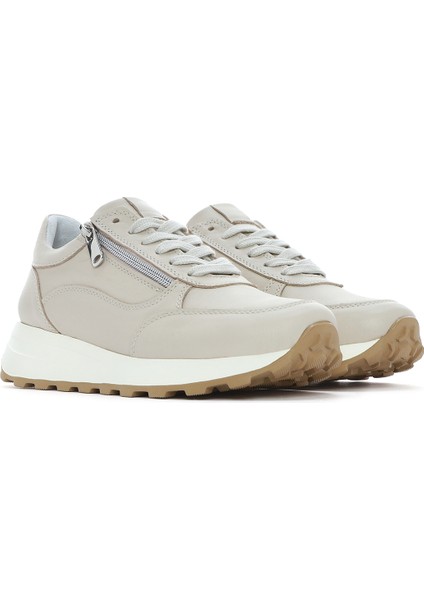 Kadın Bej Bağcıklı Yandan Fermuarlı Deri Sneaker 25SFD372118
