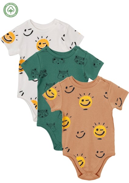 %100 Pamuk Unısex Desenli Interlok Çıtçıtlı 3'lü Badi Set - Bebek Giyim