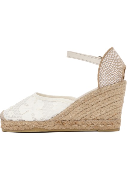 Kadın Krem Bilekten Bantlı Desenli Dolgu Topuklu Espadril 25SFD20756F