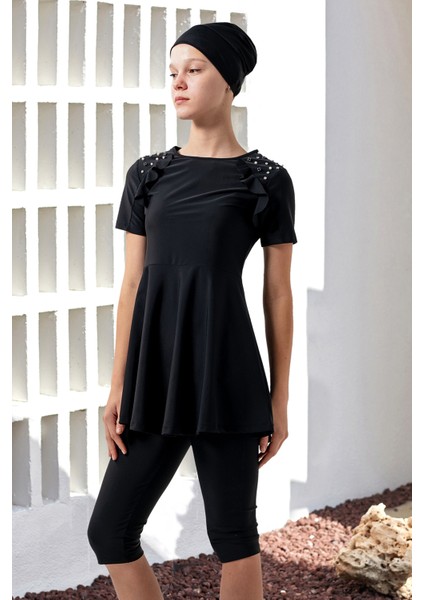 Uv Korumalı Genç Kız Kısa Kollu Yarı Kapalı Tesettür Mayo 1907 Siyah