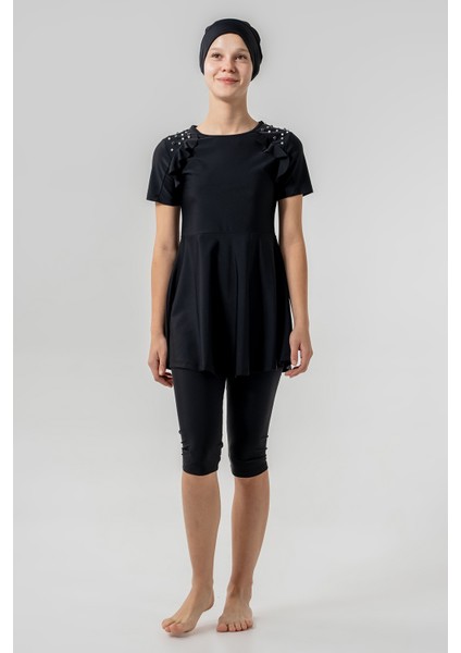 Uv Korumalı Genç Kız Kısa Kollu Yarı Kapalı Tesettür Mayo 1907 Siyah fiyatları