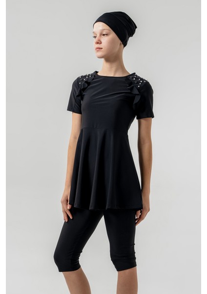 Uv Korumalı Genç Kız Kısa Kollu Yarı Kapalı Tesettür Mayo 1907 Siyah indirimleri