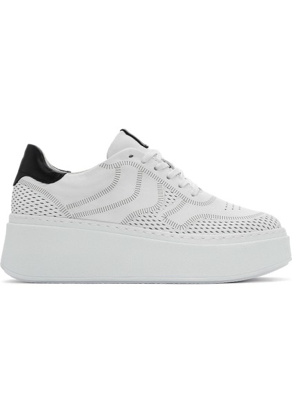 Kadın Beyaz Beğcıklı Kalın Tabanlı Deri Sneaker 25SFD371418