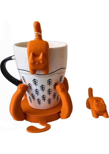 3D 1 Adet Sevimli Kedi Figürlü Bardak Altlığı ve 2 Adet Sevimli Kedi Çay Poşeti Tutacağı Seti