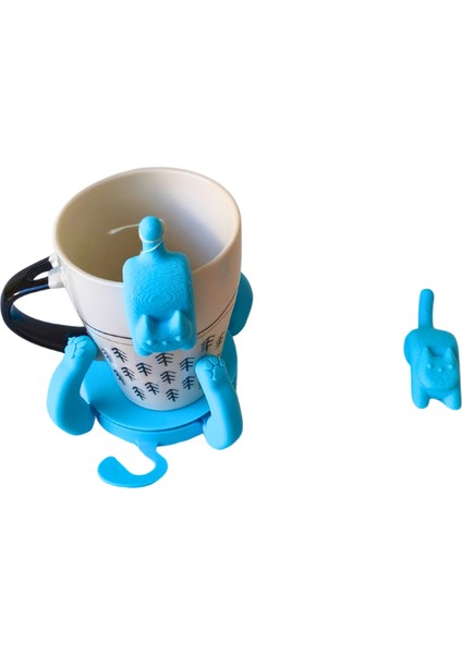 3D 1 Adet Sevimli Kedi Figürlü Bardak Altlığı ve 2 Adet Sevimli Kedi Çay Poşeti Tutacağı Seti