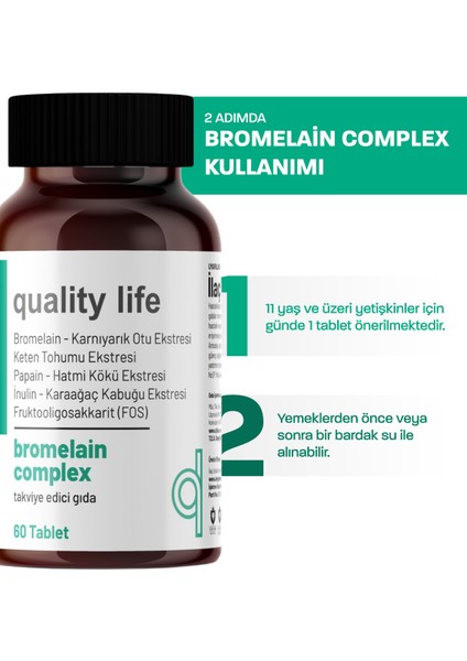 Bromelain Complex 2500 Gdu 60 Tablet Bromelain 250 Mg - Papain - Karnıyarık Otu Tozu Bitkisel Gıda Takviyesi
