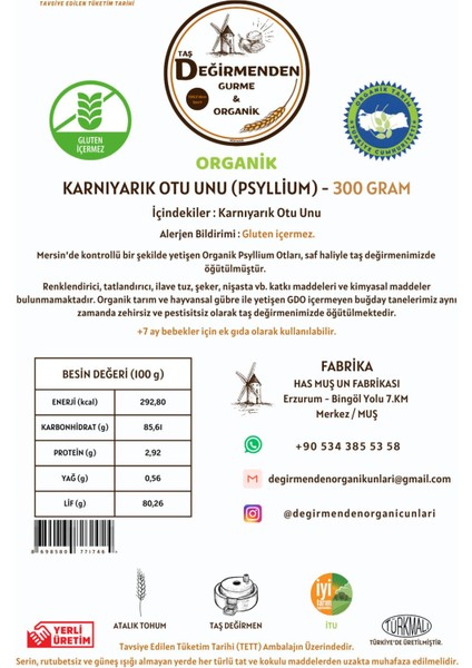Organik Karnıyarık Otu Unu (Psyllium) (Gluten Içermez) - 300 Gram