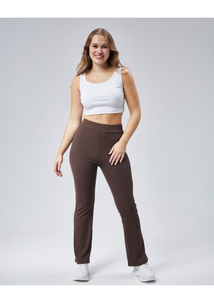 Curve Büyük Beden Fitilli Flare Boru Paça Yüksek Bel Toparlayıcı Kahverengi Tayt Pantolon
