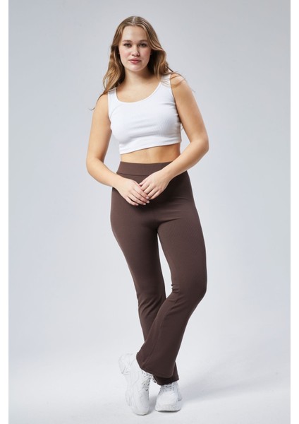 Curve Büyük Beden Fitilli Flare Boru Paça Yüksek Bel Toparlayıcı Kahverengi Tayt Pantolon modelleri