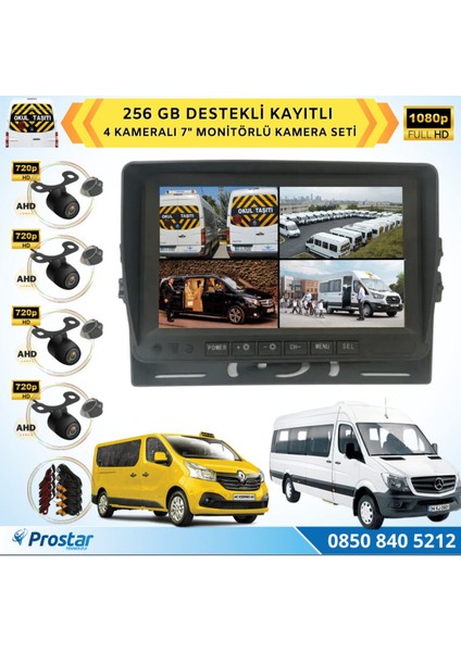 Kayıtlı Ahd Okul Servisler Için 4 Kameralı 7 Inç Monitörlü 720P Araç Kamera Seti