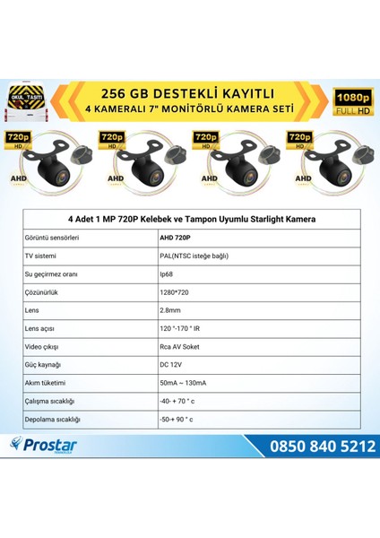 Kayıtlı Ahd Okul Servisler Için 4 Kameralı 7 Inç Monitörlü 720P Araç Kamera Seti