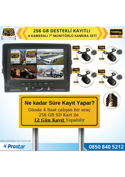 Kayıtlı Ahd Okul Servisler Için 4 Kameralı 7 Inç Monitörlü 720P Araç Kamera Seti
