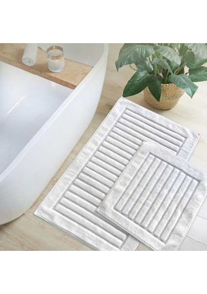 Line Köşeli Krem 2'li %100 Pamuk Banyo Halısı Paspası Seti Klozet Takımı