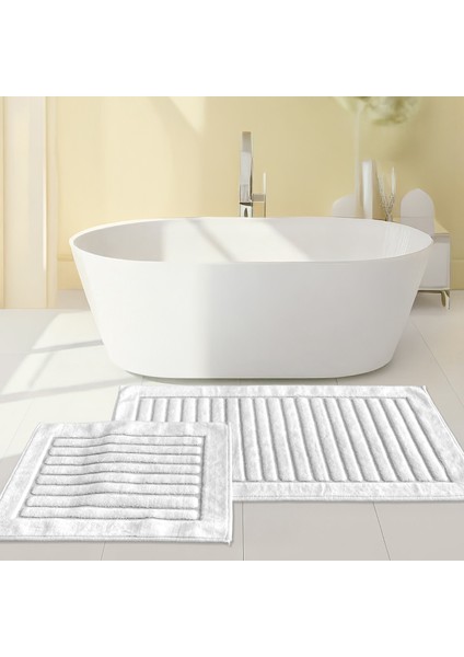 Line Köşeli Krem 2'li %100 Pamuk Banyo Halısı Paspası Seti Klozet Takımı modelleri