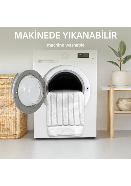 Line Köşeli Krem 2'li %100 Pamuk Banyo Halısı Paspası Seti Klozet Takımı