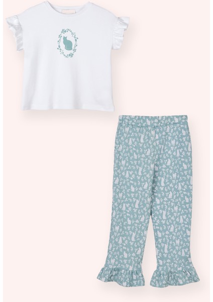 Kız Çocuk Kolları Fırfır Detaylı Kedi Desenli Beli Lastikli Mavi Pijama Takımı