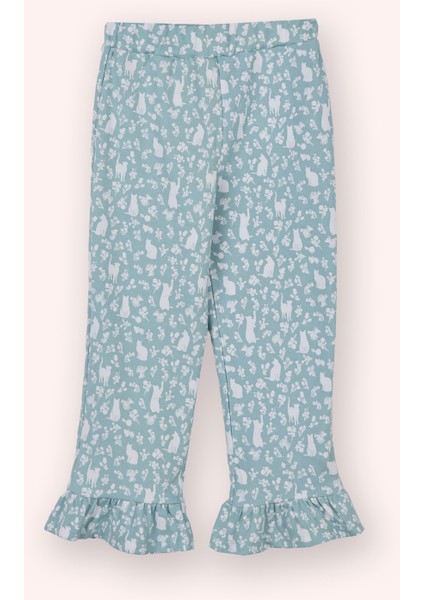 Kız Çocuk Kolları Fırfır Detaylı Kedi Desenli Beli Lastikli Mavi Pijama Takımı indirimleri