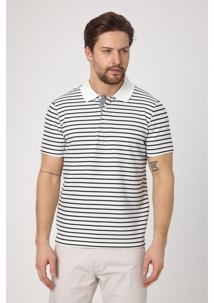 Violes Erkek Beyaz Çizgili Slim Fit %100 Pamuk Polo Yaka Tişört