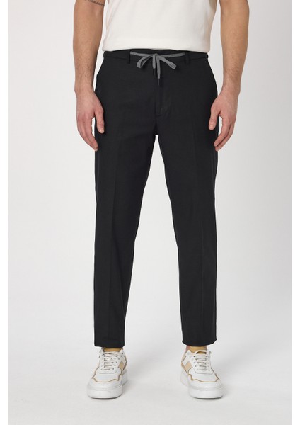 Laupes Erkek Siyah Keten Karışımlı Jogger Fit Bağcıklı Yazlık Pantolon