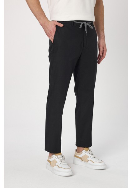 Laupes Erkek Siyah Keten Karışımlı Jogger Fit Bağcıklı Yazlık Pantolon