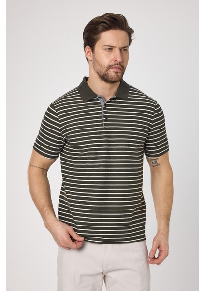 Violes Erkek Haki Çizgili Slim Fit %100 Pamuk Polo Yaka Tişört