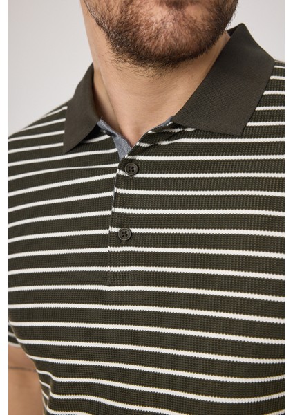 Violes Erkek Haki Çizgili Slim Fit %100 Pamuk Polo Yaka Tişört fiyatları
