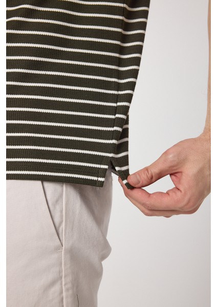 Violes Erkek Haki Çizgili Slim Fit %100 Pamuk Polo Yaka Tişört modelleri