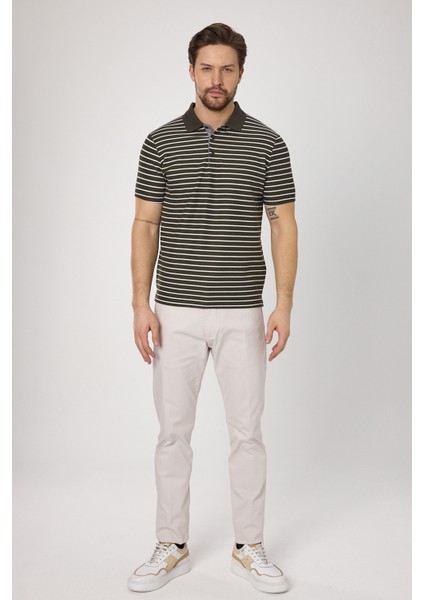 Violes Erkek Haki Çizgili Slim Fit %100 Pamuk Polo Yaka Tişört fırsatları