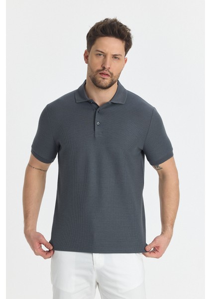 Walfer Erkek Antrasit Likralı Pamuk Karışımlı Yaka Detaylı Slim Fit Kıvrılmaz Yaka Polo Yaka Tişört modelleri