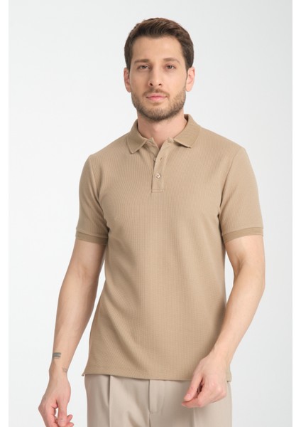 Walfer Erkek Bej %100 Pamuk Waffle Çekmeyen Kumaş Slim Fit Kıvrılmaz Yaka Polo Yaka Tişört