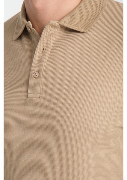 Walfer Erkek Bej %100 Pamuk Waffle Çekmeyen Kumaş Slim Fit Kıvrılmaz Yaka Polo Yaka Tişört fiyatları