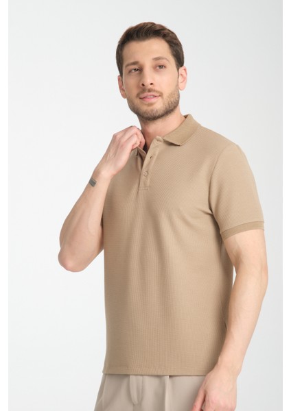 Walfer Erkek Bej %100 Pamuk Waffle Çekmeyen Kumaş Slim Fit Kıvrılmaz Yaka Polo Yaka Tişört modelleri