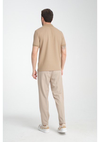 Walfer Erkek Bej %100 Pamuk Waffle Çekmeyen Kumaş Slim Fit Kıvrılmaz Yaka Polo Yaka Tişört fırsatları