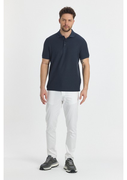 Walfer Erkek Lacivert Likralı Pamuk Karışımlı Yaka Detaylı Slim Fit Kıvrılmaz Yaka Polo Yaka Tişört